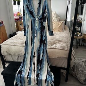 Stylish Blue and Black Maxi Dress satin with split